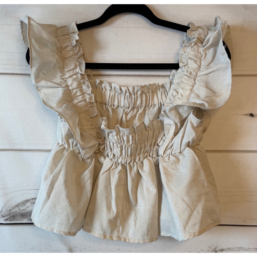 Pants Store Ruffle Shoulder Smocked Peplum Top Beige GT2805 Womens Medium - Picture 5 of 5